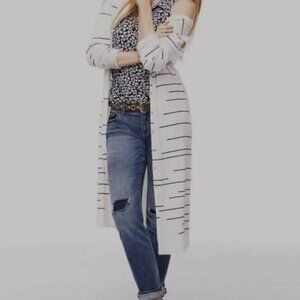 Cabi large white Dashes sweater cardigan with black stripes